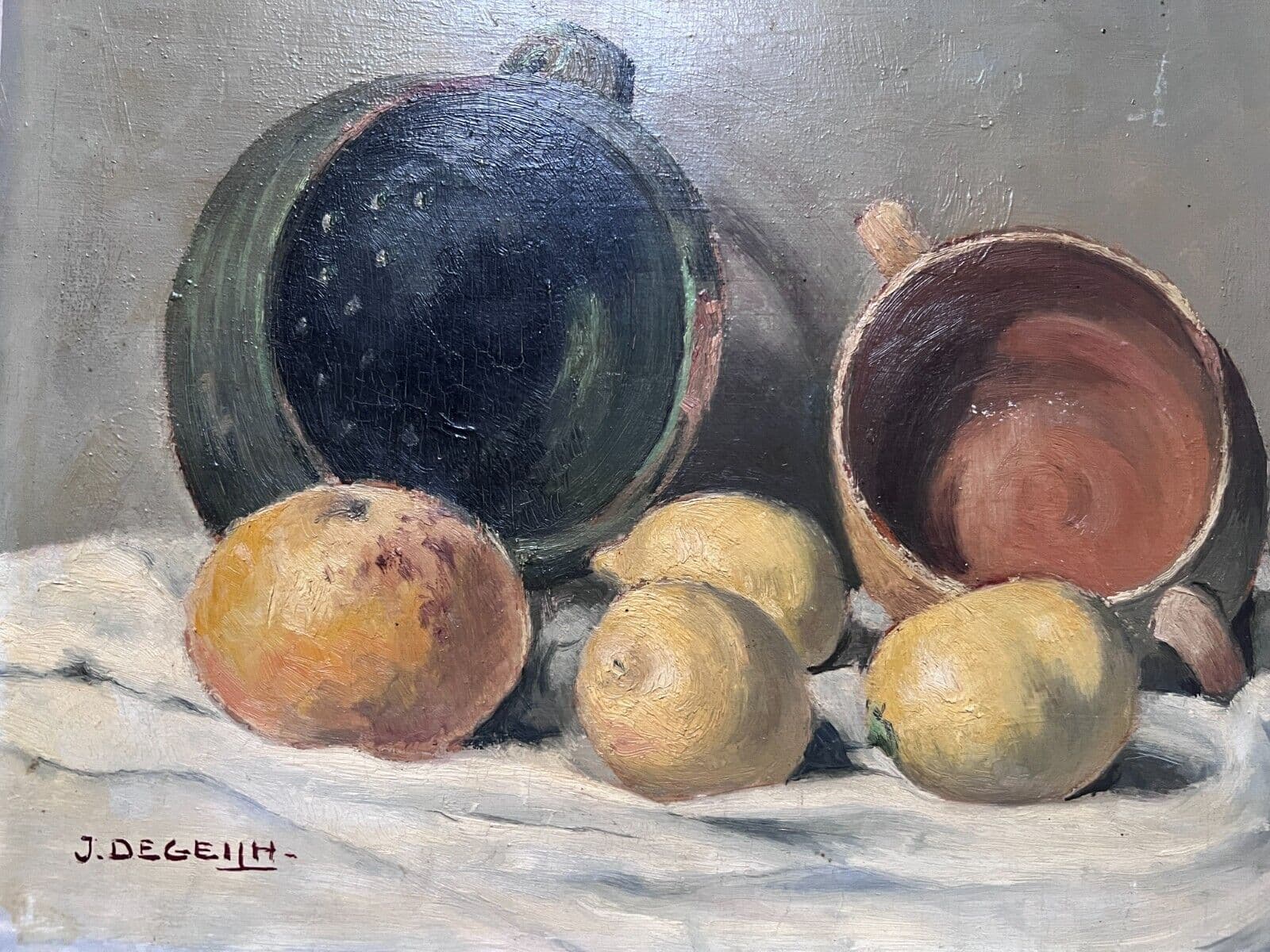 Vintage Painting Original signed Jean DEGEILH (XX) Fruit Still Life and Vase