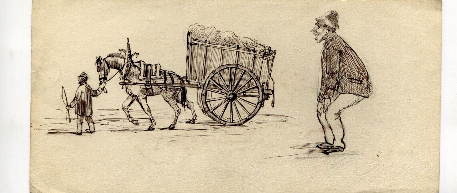 Antique Drawing Original People with Plow, Working Life, People, Horse image 2