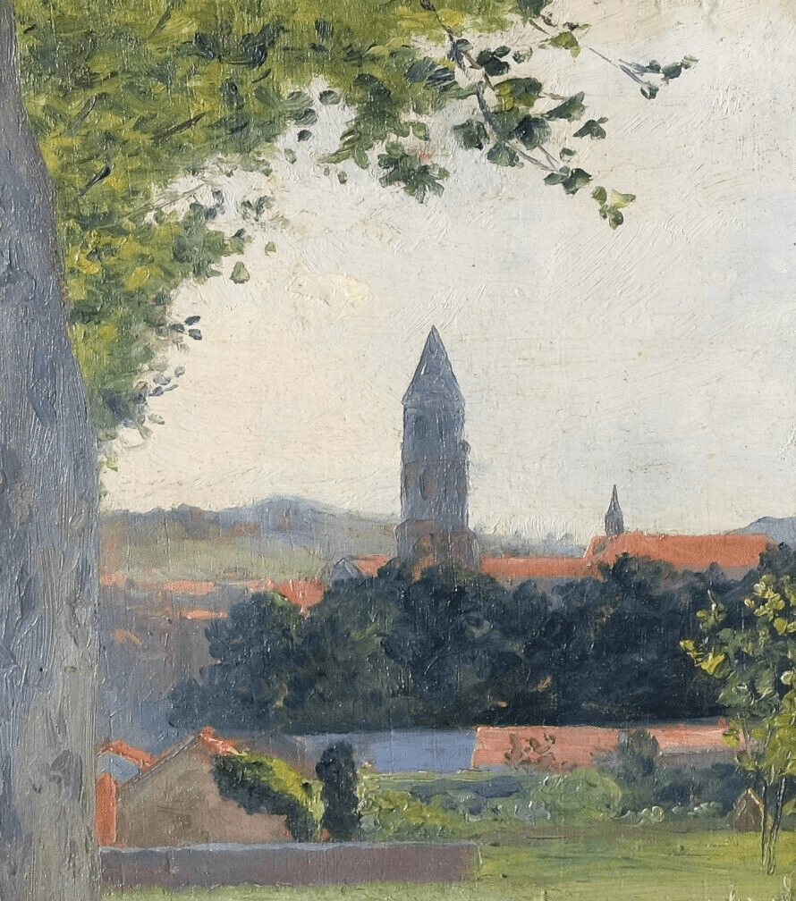 Antique Oil Original Painting Landscape, Village, Countryside Fields image 2