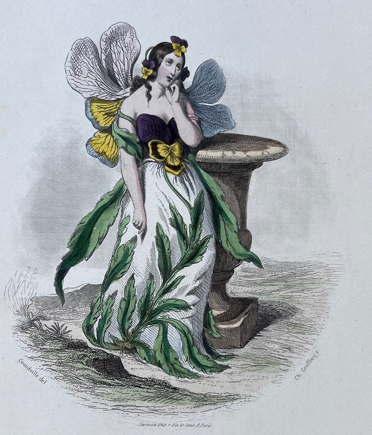 Antique Botanical Costume Illustration "Pensée" Pansy-Inspired Dress 19th