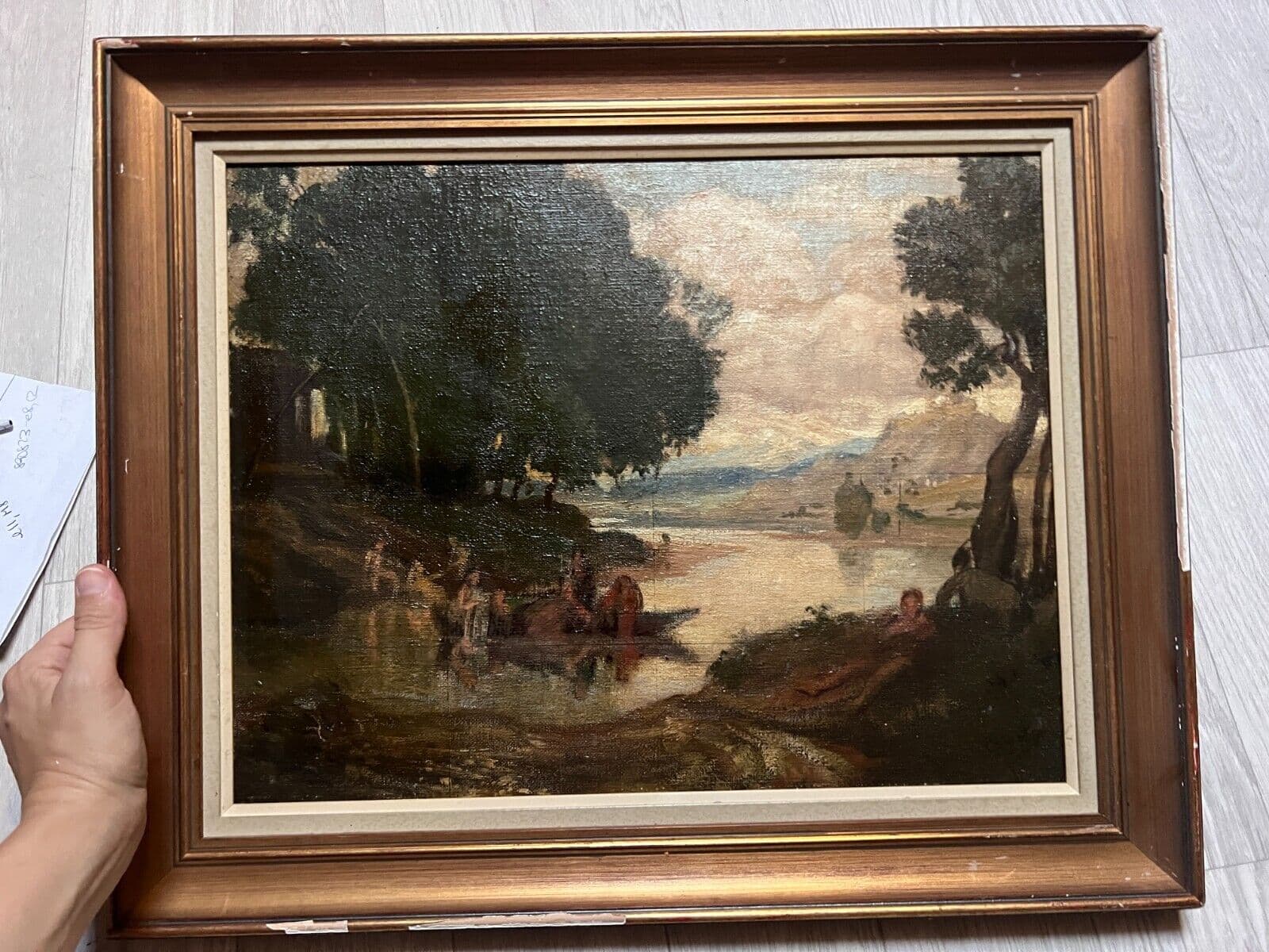Antique Painting Oil on canvas 19th century Mountain Landscape, People, Trees image 7