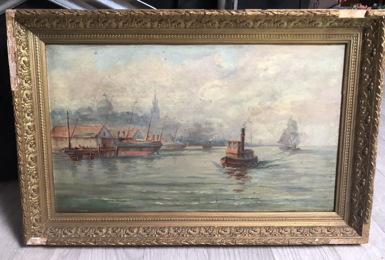 Antique Original Painting Seaview, Seascape, Tamise Saint-Paul London 19th image 7