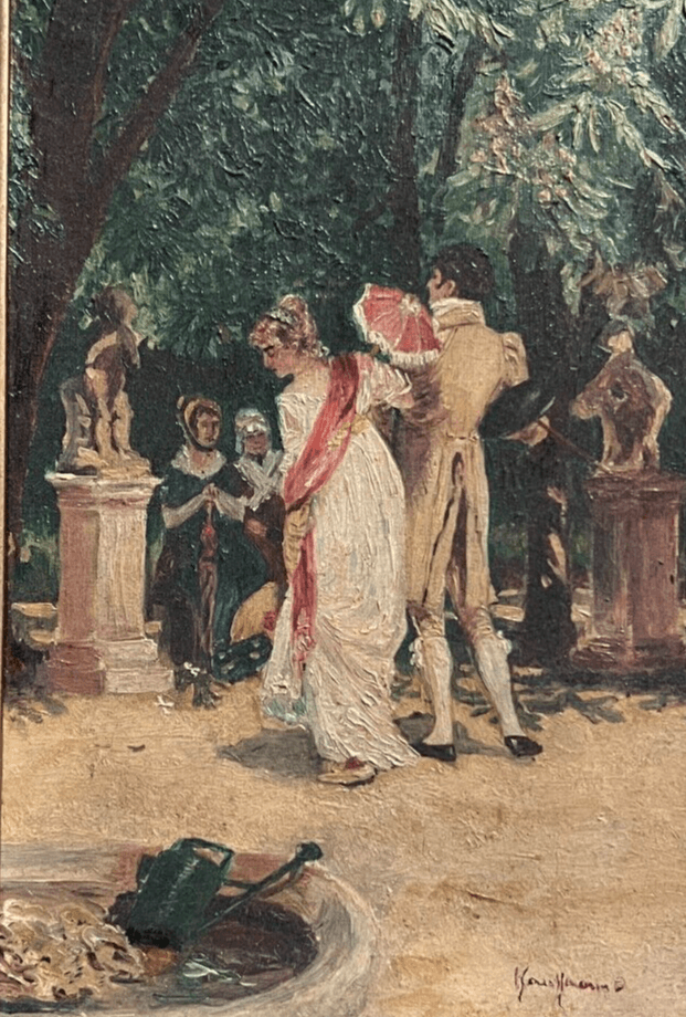 Antique Oil Original Painting People, Community, Couple, Park, Nature signed image 1
