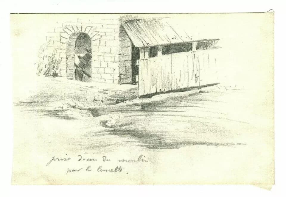 Vintage Pencil Original Drawing signed Landscape River, Watermill image 5