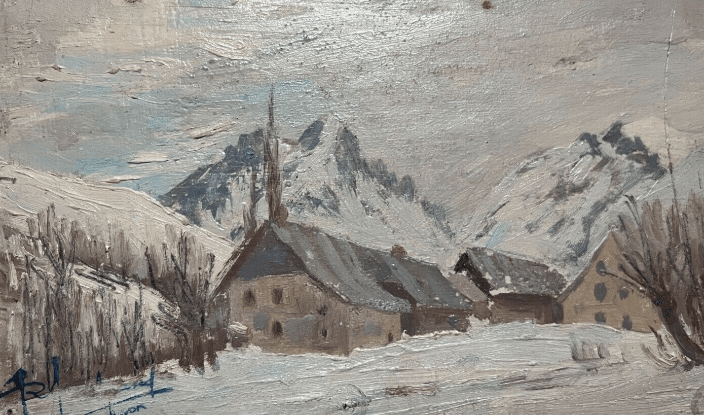 Antique Original Painting signed WinterLandscape, Town, Mountain Robert BELGRAND image 1