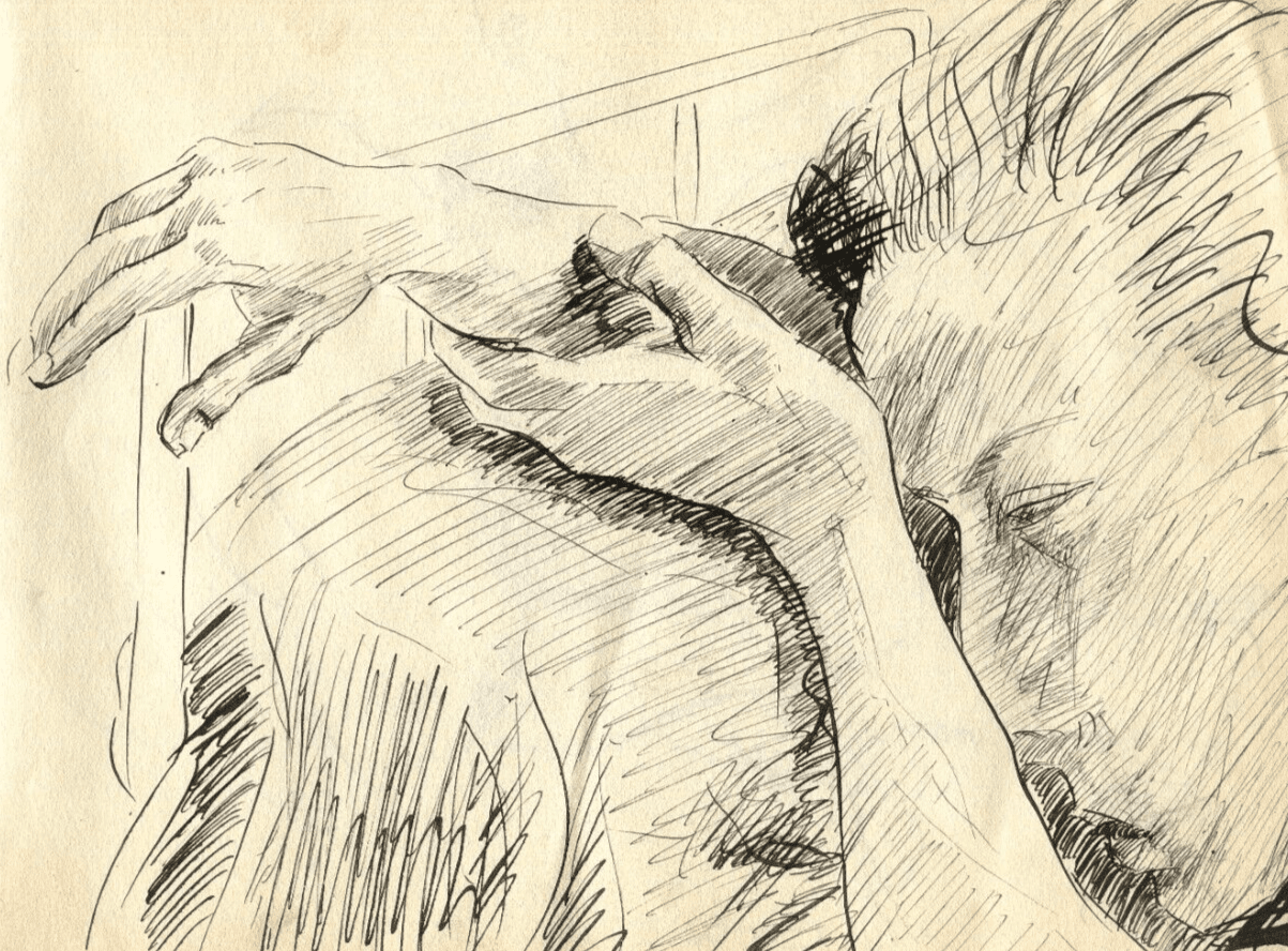 Vintage Ink Original Drawing Man Portrait, Sleeping, Arms image 1