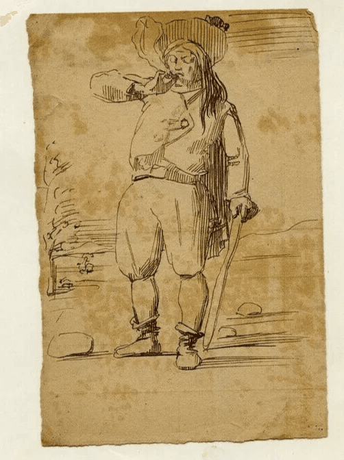 Antique Ink Drawing Original 19th century Man Smocking a Pipe, Flemish image 1