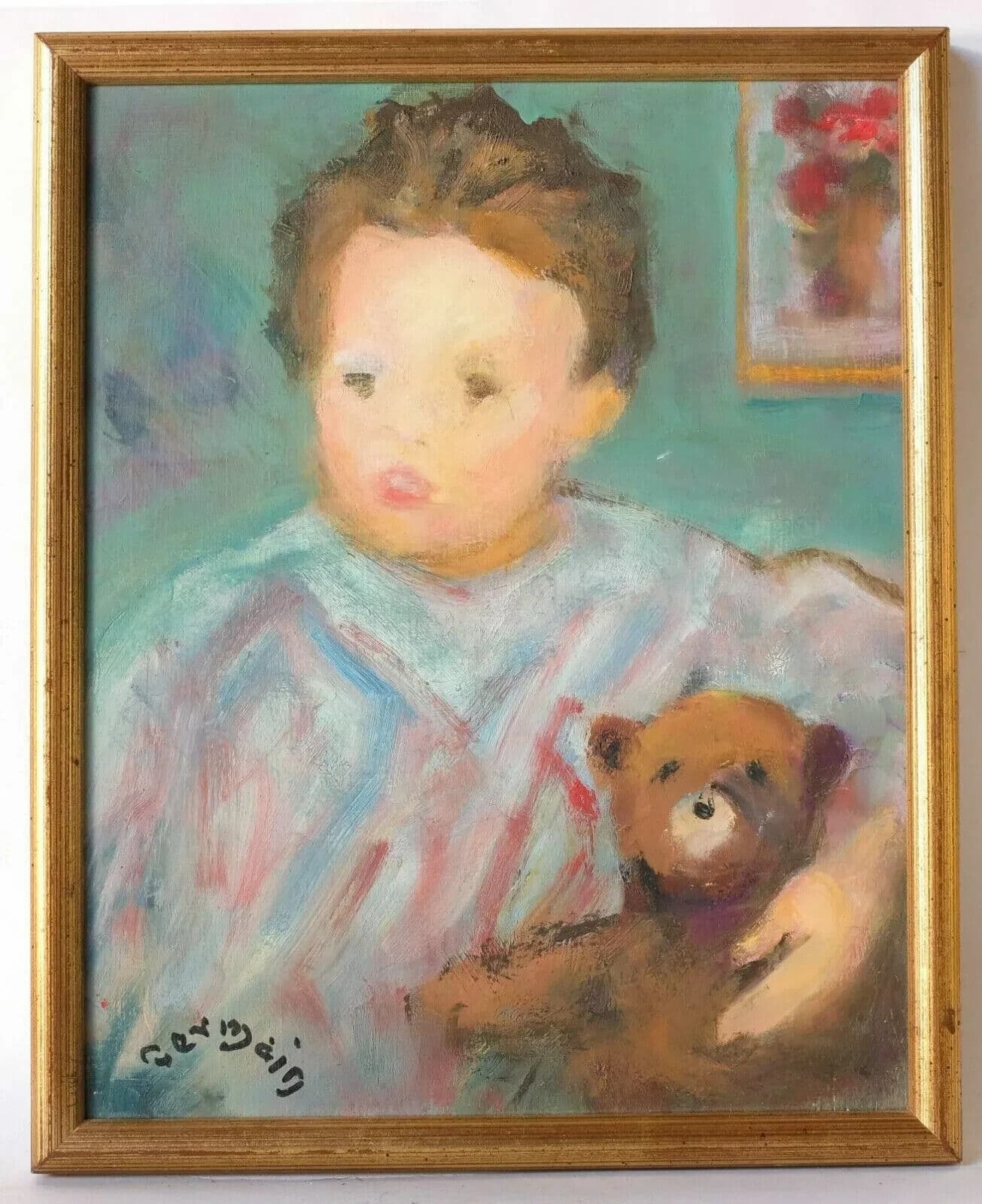 Vintage Oil Original Painting signed Young Boy Portrait Teddy Bear French Framed image 6