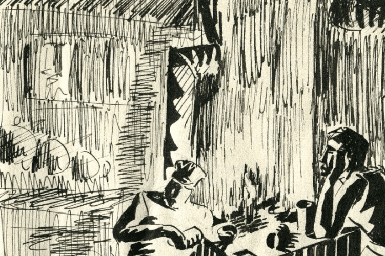Vintage Ink Drawing Original Men Working and Drinking image 4
