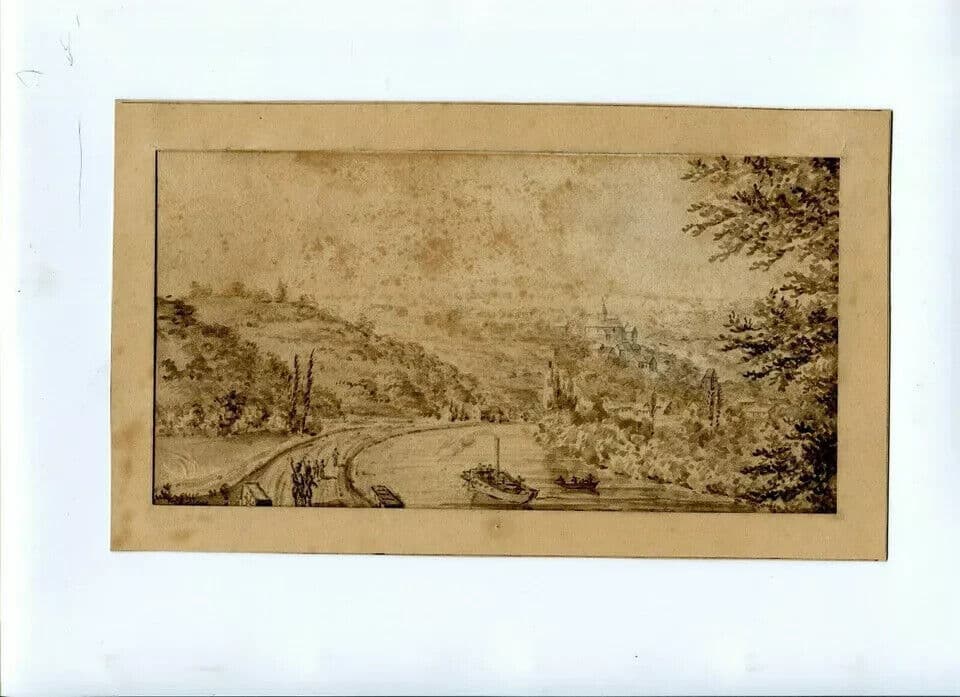 Antique Ink original Drawing Landscape Park, Prony, Berry Artworkn 19th century image 3