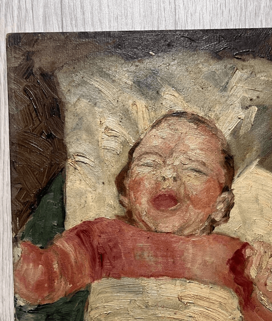 Vintage Oil Original Painting signed Baby Portrait Crying image 5