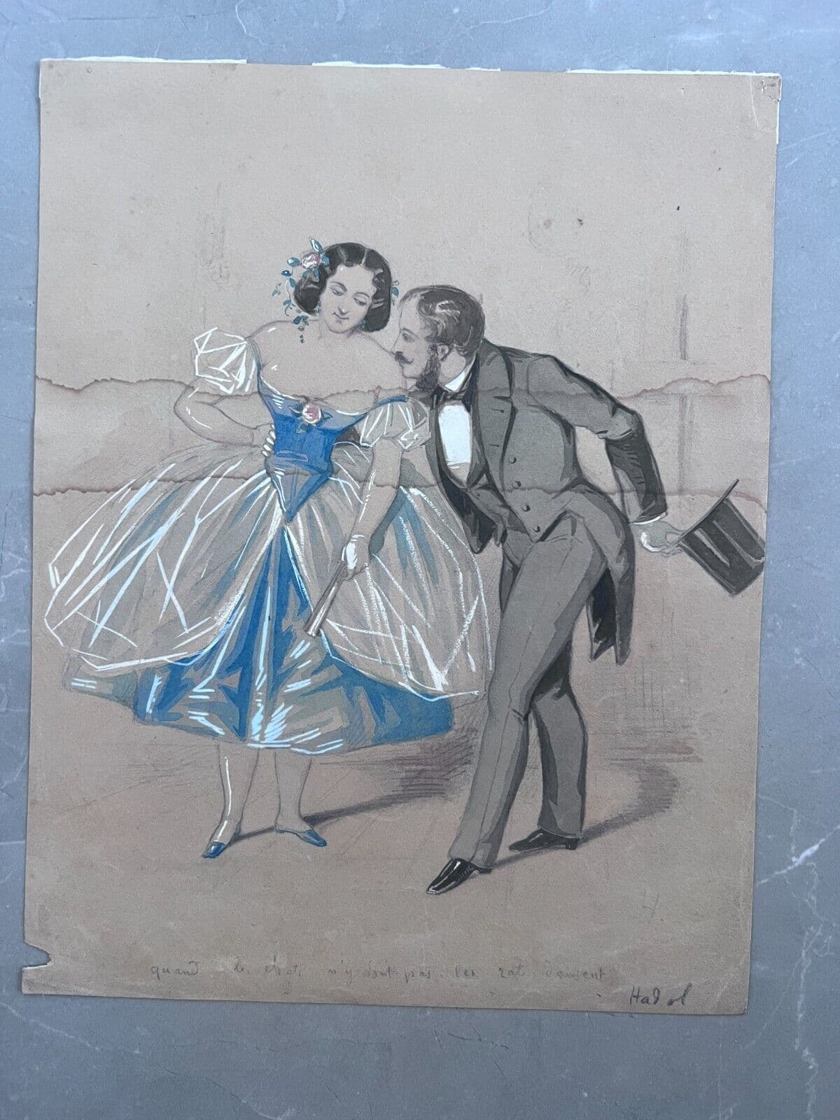 Original Antique 19th century Drawing Couple Dancing image 5