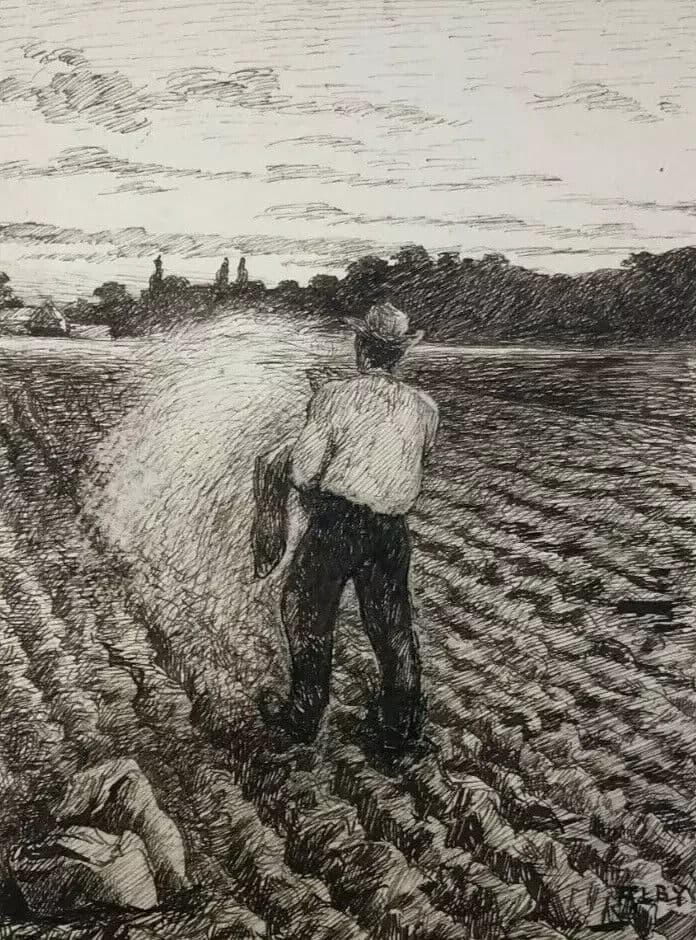 Antique Ink Old Drawing Original Man in the Field, Sow, Farmer image 3