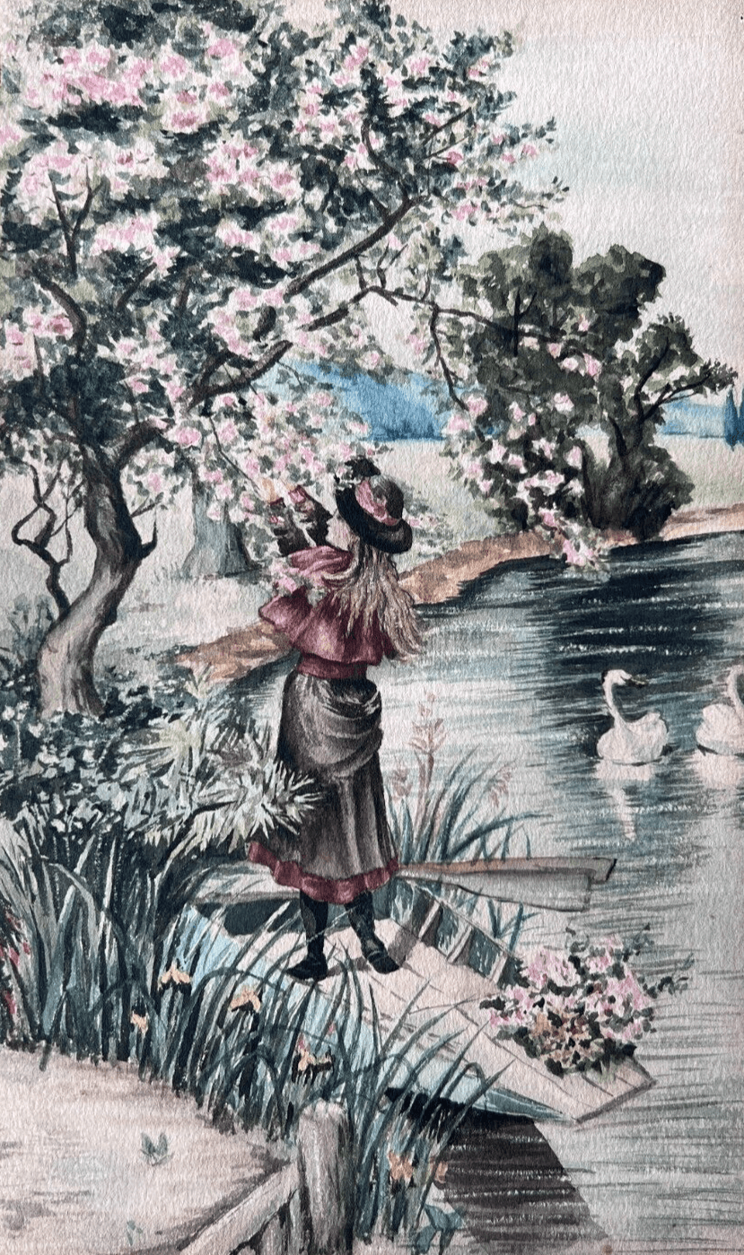 Antique Drawing Original Woman Portrait, Trees, Swann image 1