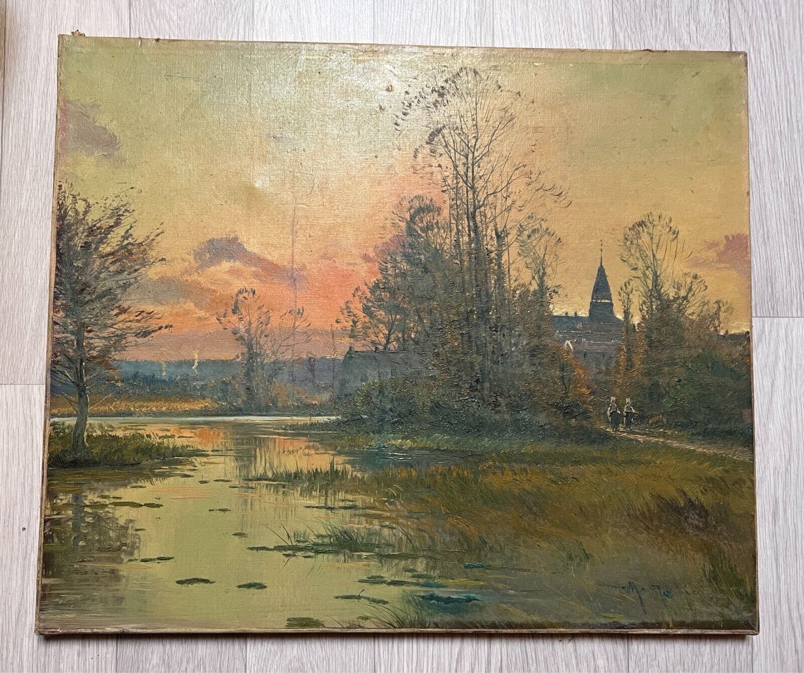 Antique Painting Original Landscape, Sunset, Lake, Forest, Trees, People signed image 4