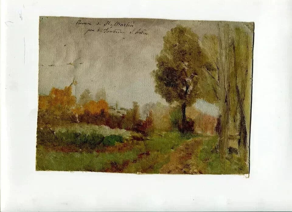 Antique Oil Original Painting Landscape Fountain s/Saône, Moutrin? French image 5