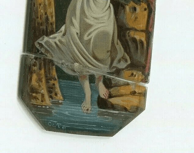 Antique Miniature Painting signed Genre Scene Woman Bathing by the Water image 4
