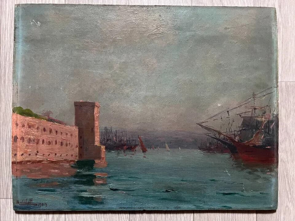 Antique Original Painting Seaside Landscape signed MICHELETTI image 5