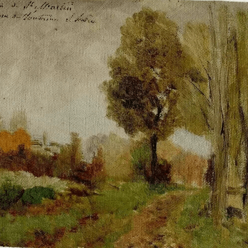 Antique Oil Original Painting Landscape Fountain s/Saône, Moutrin? French image 3