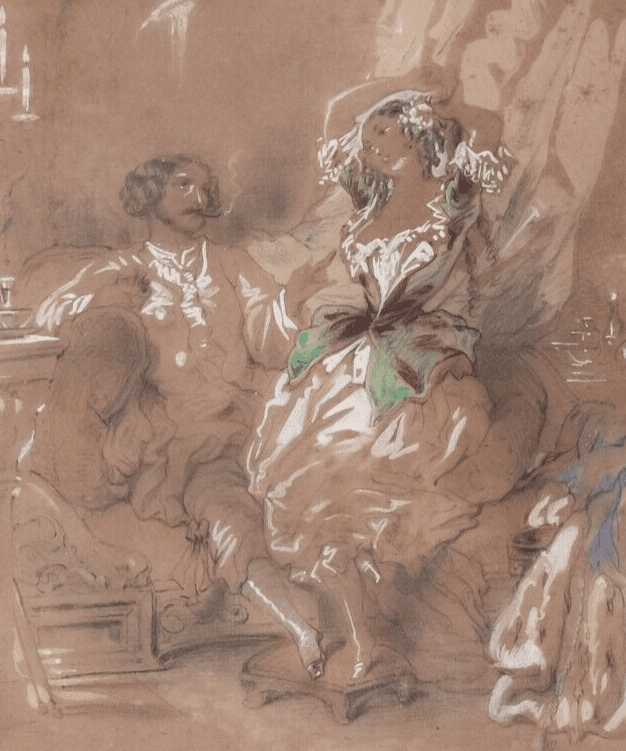 Antique Pencil Old Drawing Couple, Prostitute by Auguste NUMANS (1823-?) image 1