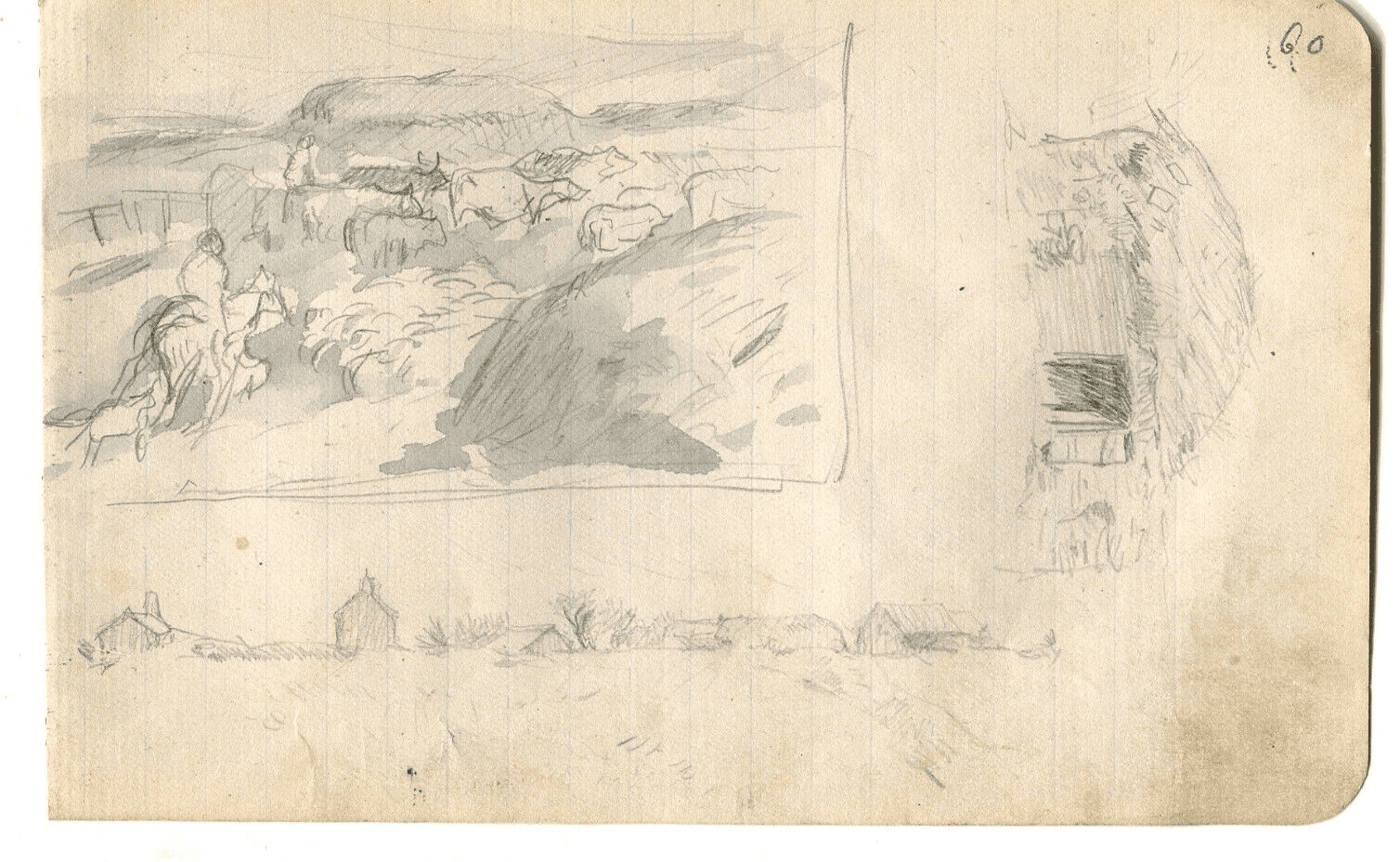 Vintage Pencil Ink Drawing Original Hay, House, Landscape, Cow, Horse Figure image 5