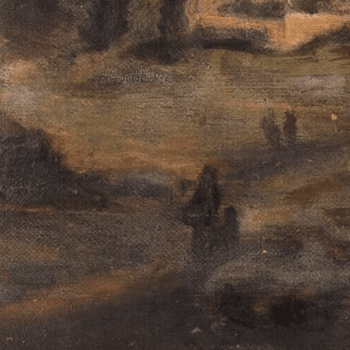 Antique Original Painting Landscape with Ruins, Castle 19th century People image 3