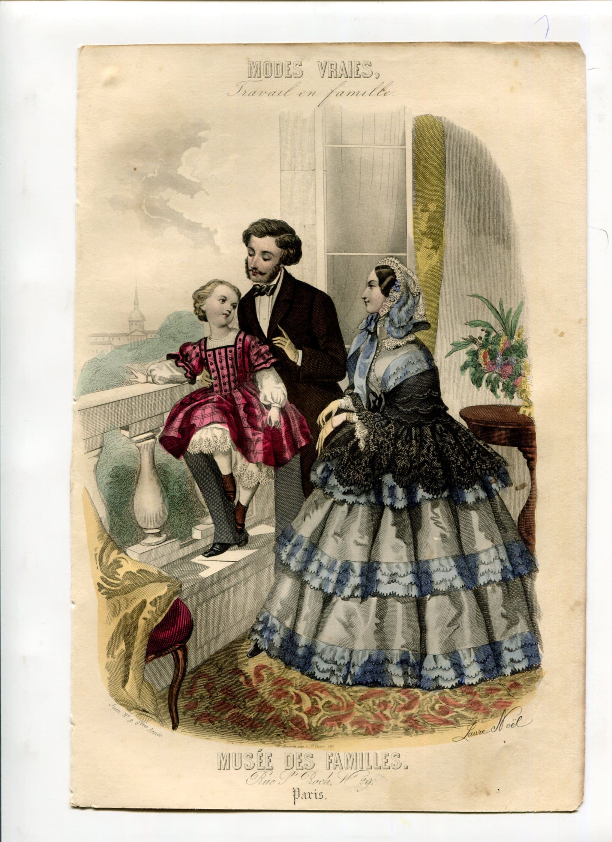 Antique French Fashion Engraving – Modes Vraies, Travail en Famille – 19th image 2