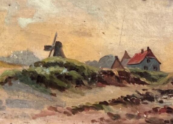 Antique Old Painting signed Village Town Landscape, Seaview, Mill, Boats image 2
