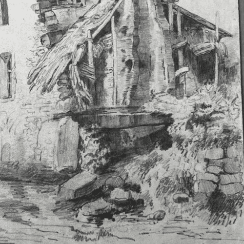 19th century Original Antique Pencil Drawing Landscape House, Farm by River image 6