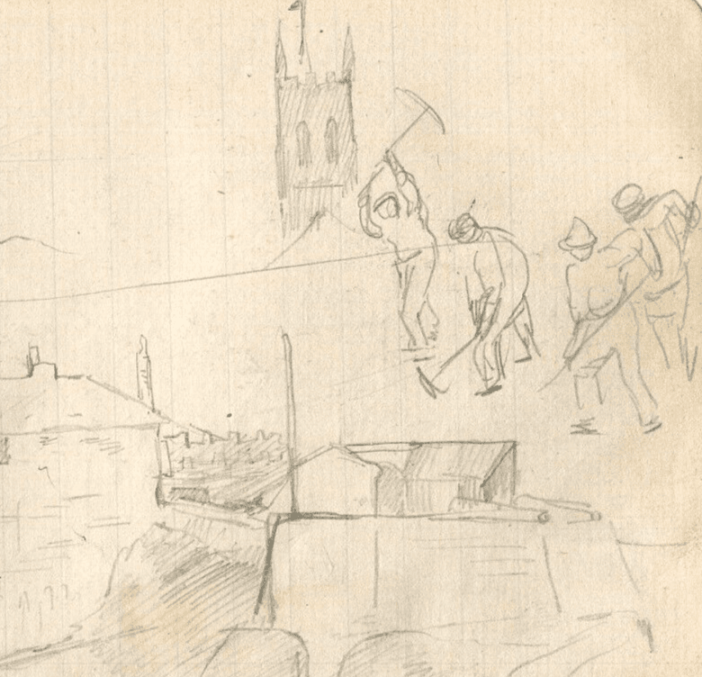 Vintage Pencil Drawing People, Buildings, Workers in the City Original image 1