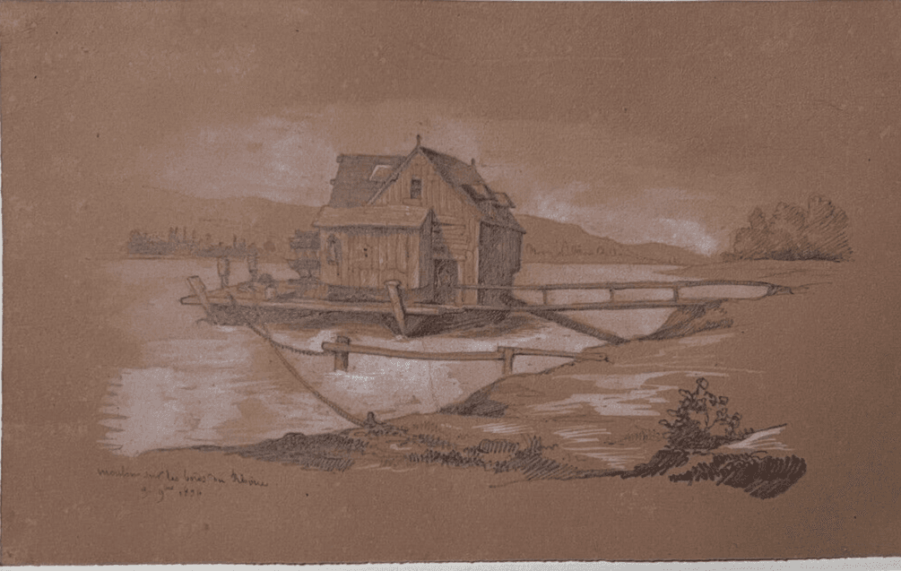 Antique Ink Drawing Original 19th century Mills Landscape 1896 image 1