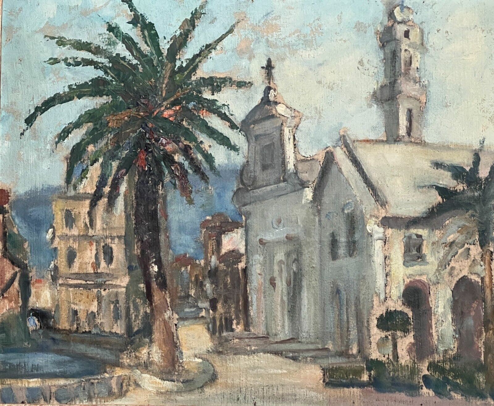 Antique Oil Painting Maritime Landscape , Cityview, Building, Church, Tree image 1