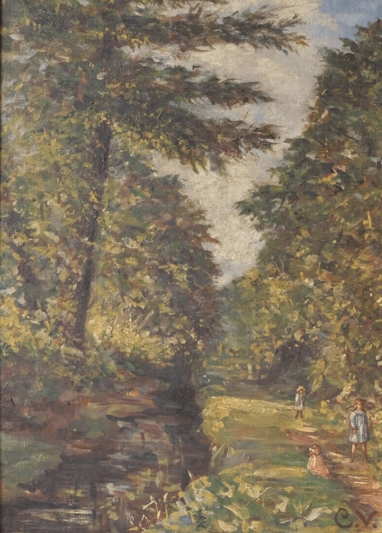 Antique Painting Original Landscape Forest and Children Playing signed image 1