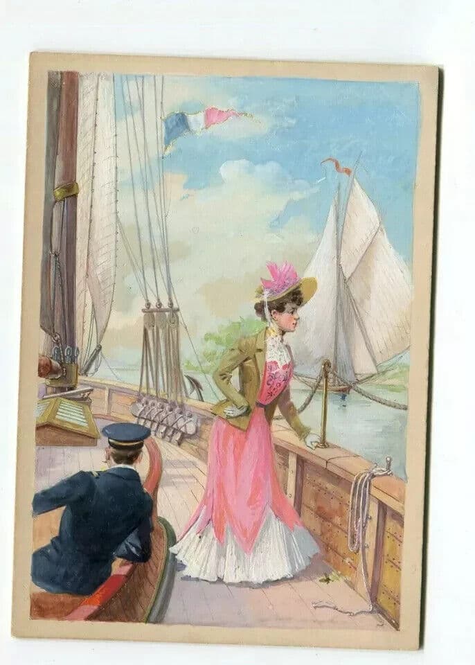 Art Nouveau Drawing Illustration, Woman on Boat, Flag, France, Sailor image 7