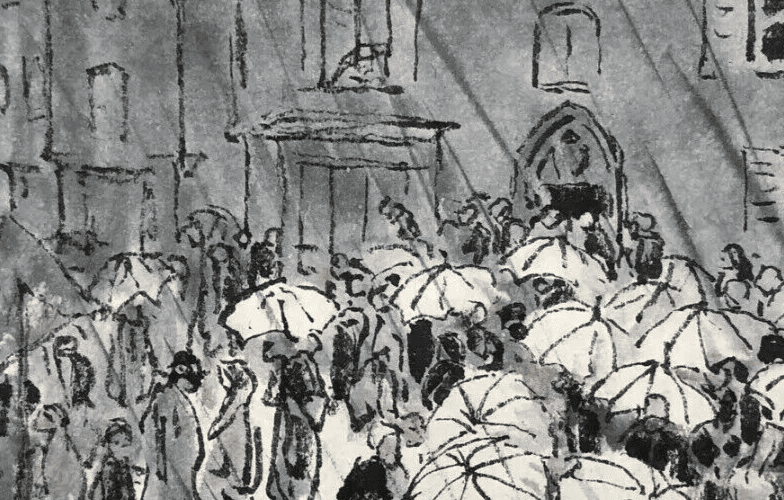 Antique Drawing Characters in the Rain By Jules CHADEL (1870-1942), Umbrellas image 4
