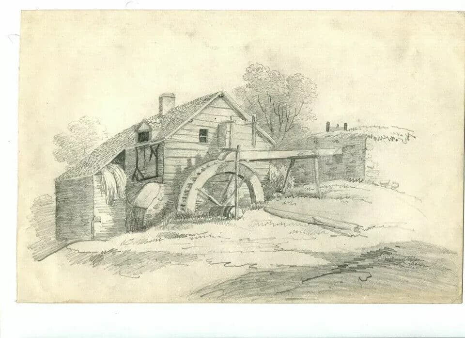 Vintage Pencil Original Drawing Landscape with a Watermill image 5