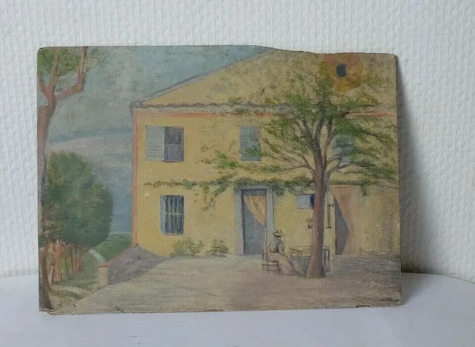 Antique Oil Original Painting House and Woman in Landscape, South of France image 3
