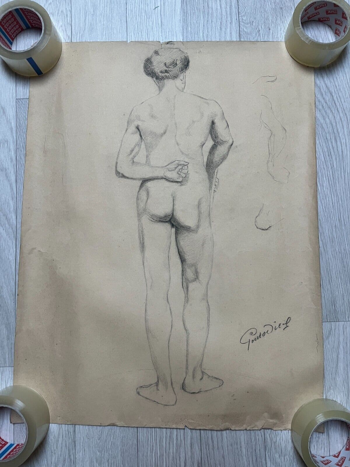 Antique Original Drawing Man, Portrait, Academic, Nude, Stick image 5