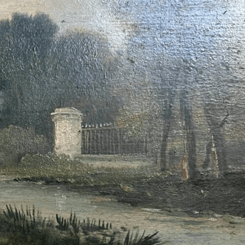 Antique Original Painting signed Landscape, People, Forest, River 19th century image 3