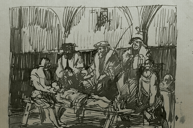 Antique Ink Drawing Original Consulat Men, Dead Body image 5