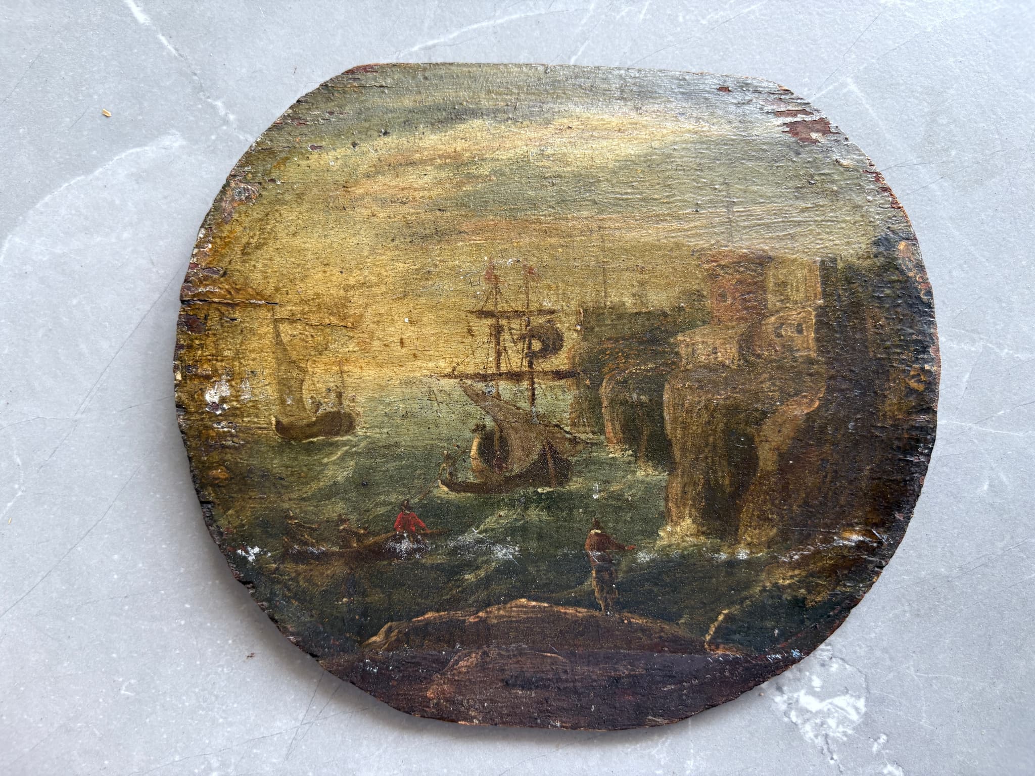Antique Oil Painting Original Seaview, Cityview People Boats 18th century Framed image 3