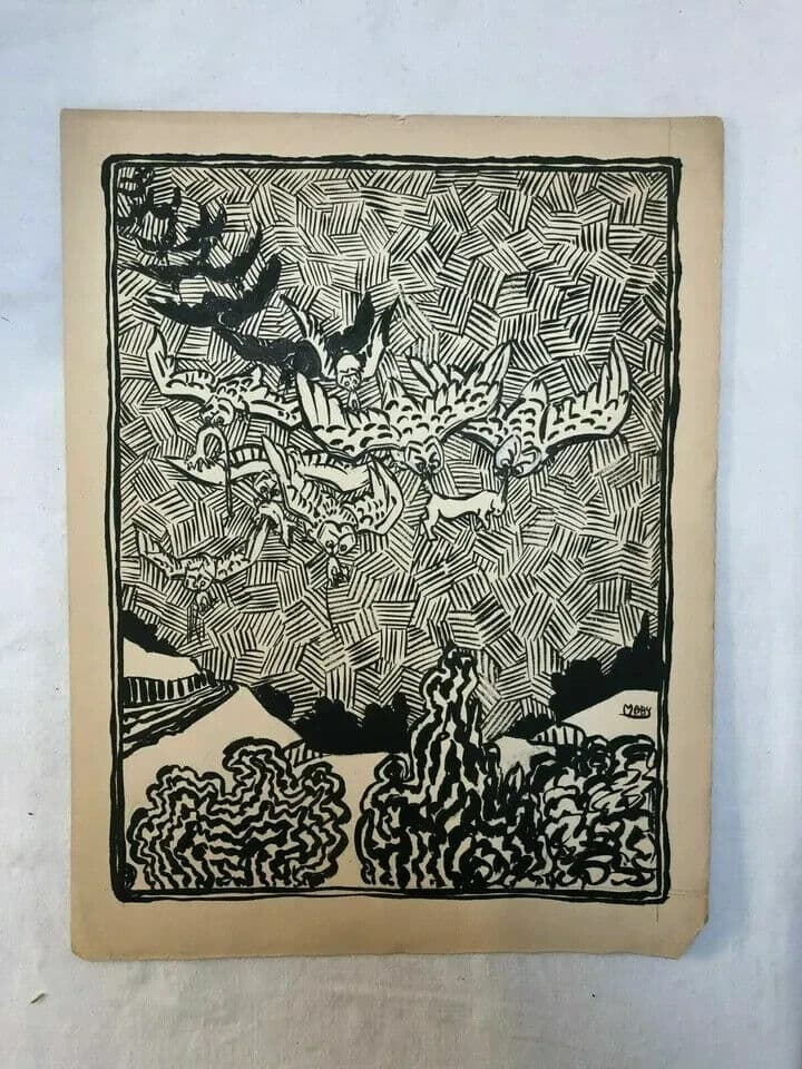 Vintage Ink Drawing Illustration of Owls Hunting Rabbits image 5