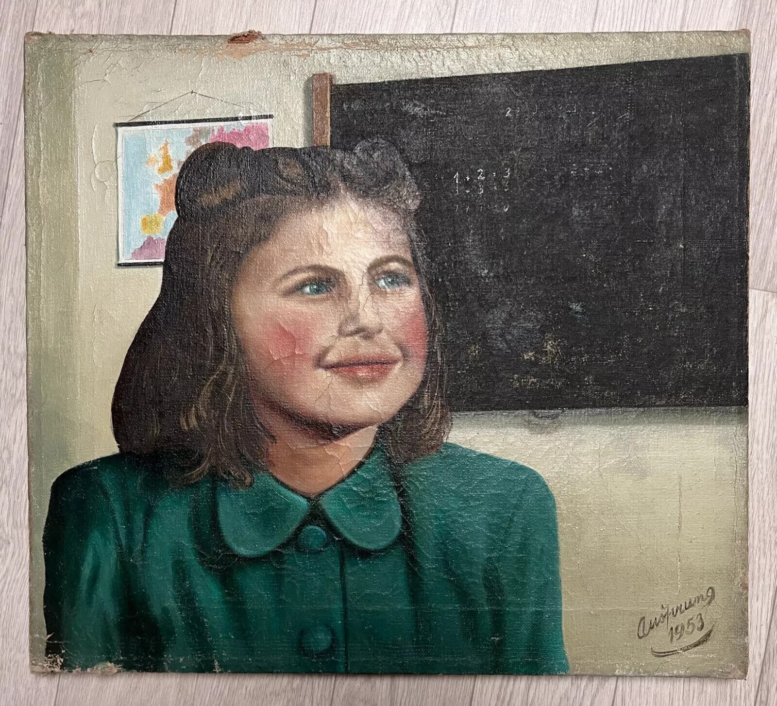 Antique Oil Painting canvas signed Young Girl Portrait, Classroom, Map image 7