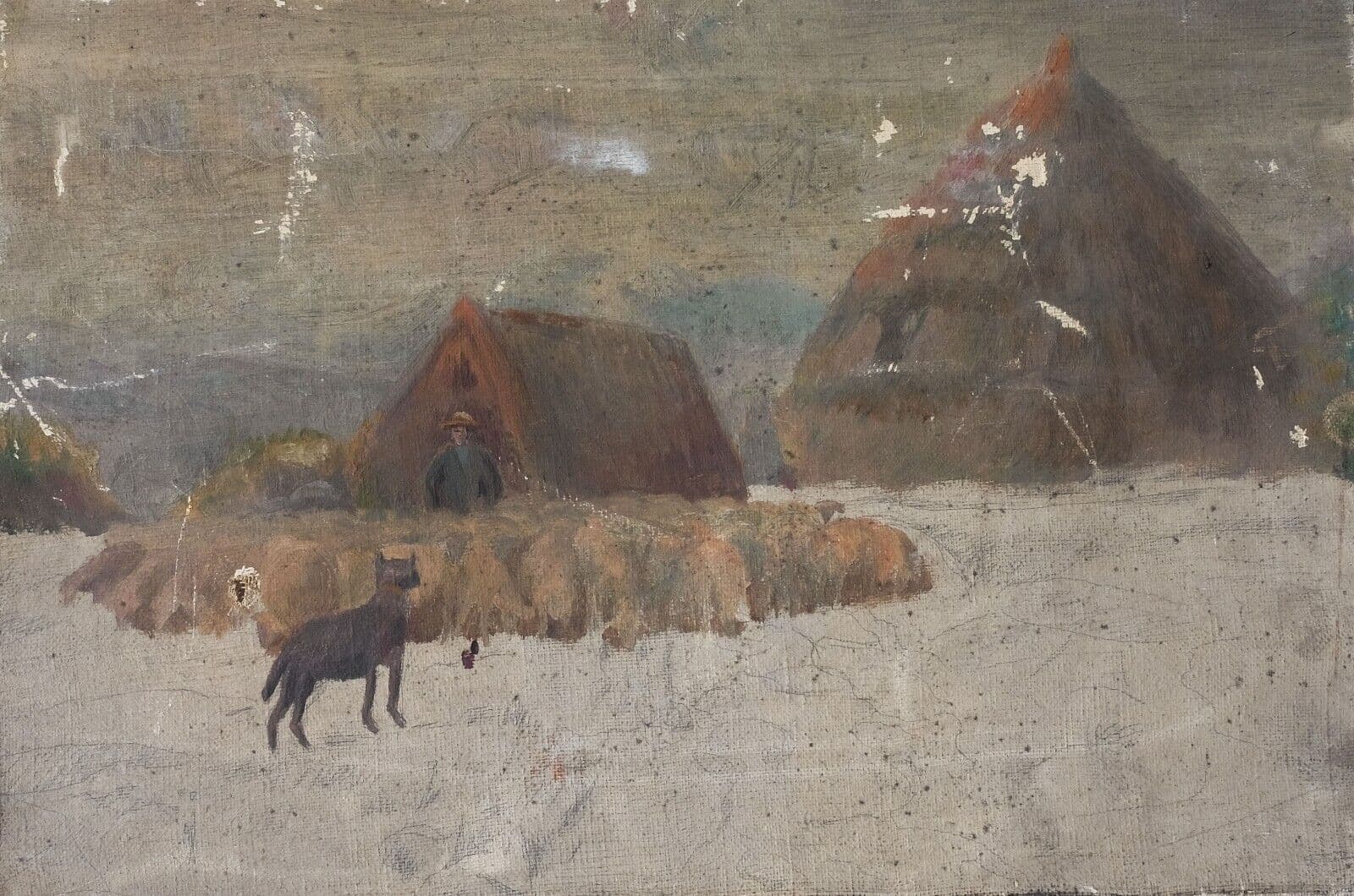 Antique Oil Original Painting, Landscape, Livestock, Farmer, Sheep, Dog image 1