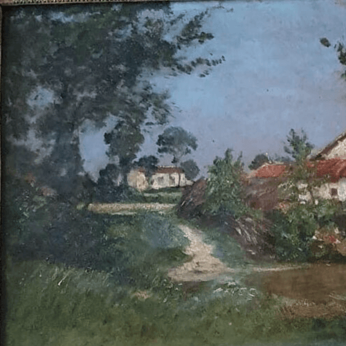 Antique Painting Original Houses, Landscape, Forest, Trees, Town image 4