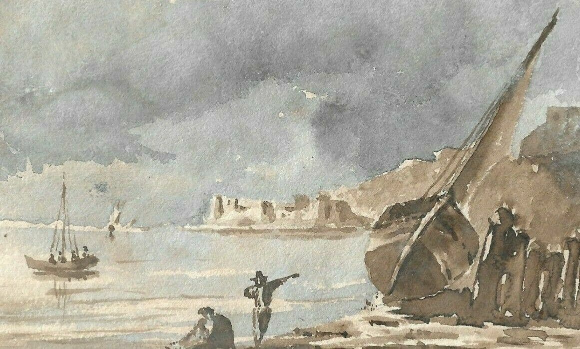 Antique Ink Drawing 19th century Seaview Landscape with Figures image 1