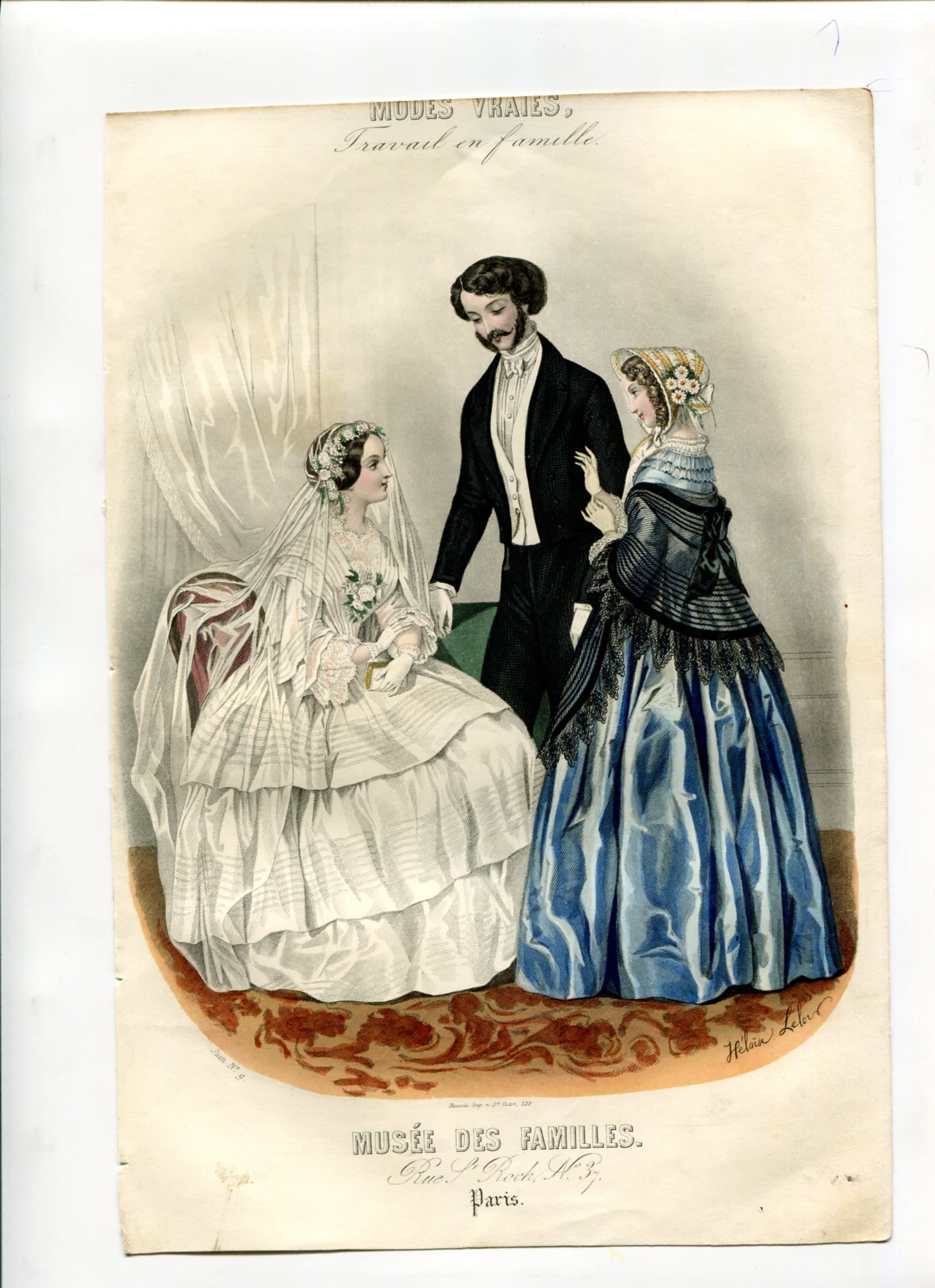 Antique Lithography 1860s Women & Man Fashion Print - Vintage Victorian Art image 2