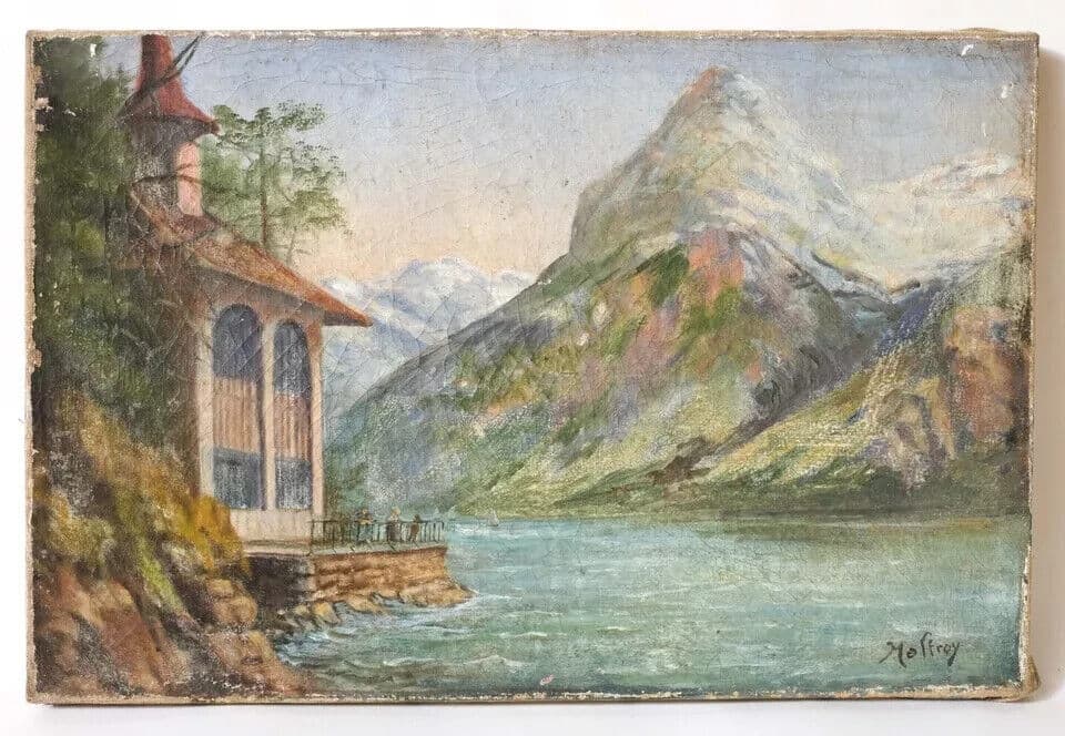 Antique Original Painting signed Mountain Landscape, Lake and Boat image 5