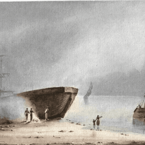 Antique Drawing Original 19th century Gouache Landscape by the Sea Artwork image 2