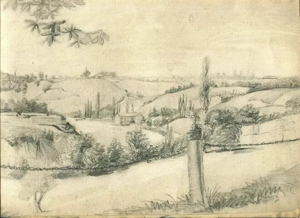 Antique Pencil Drawing Original Landscape Lignon, Geneva 1870 Artwork image 6